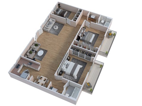 A 3D floor plan of a house with a kitchen, living room, and bedrooms.